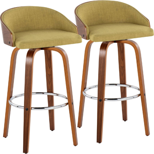 Shiraz 30" Swivel Bar Stool in Walnut Wood w/ Green Fabric w/ Chrome Footrest (Set of 2)